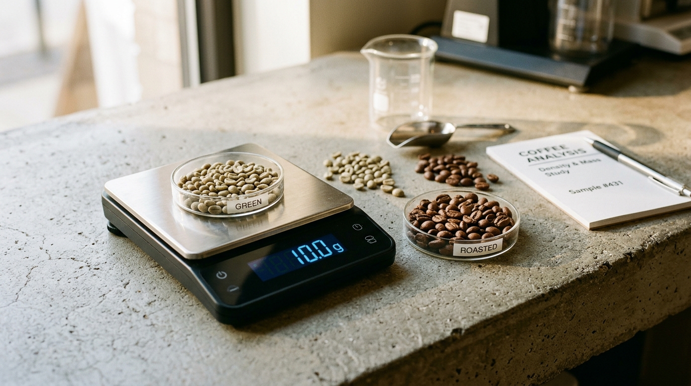 A digital scale measuring coffee beans to the tenth of a gram