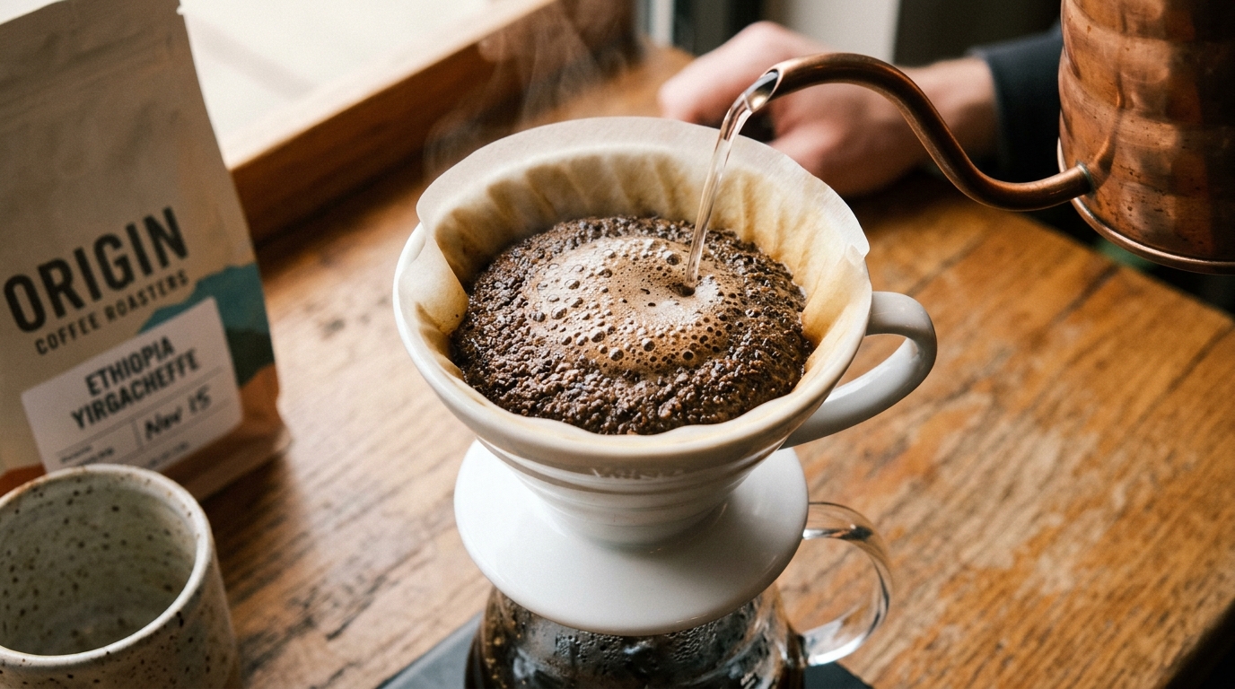 Coffee blooming in a ceramic dripper