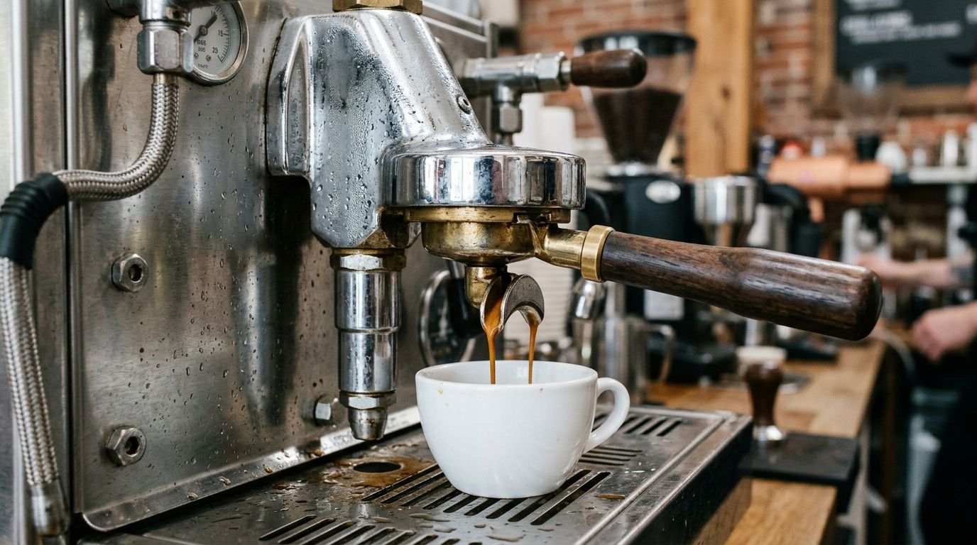 A sleek commercial espresso machine group head