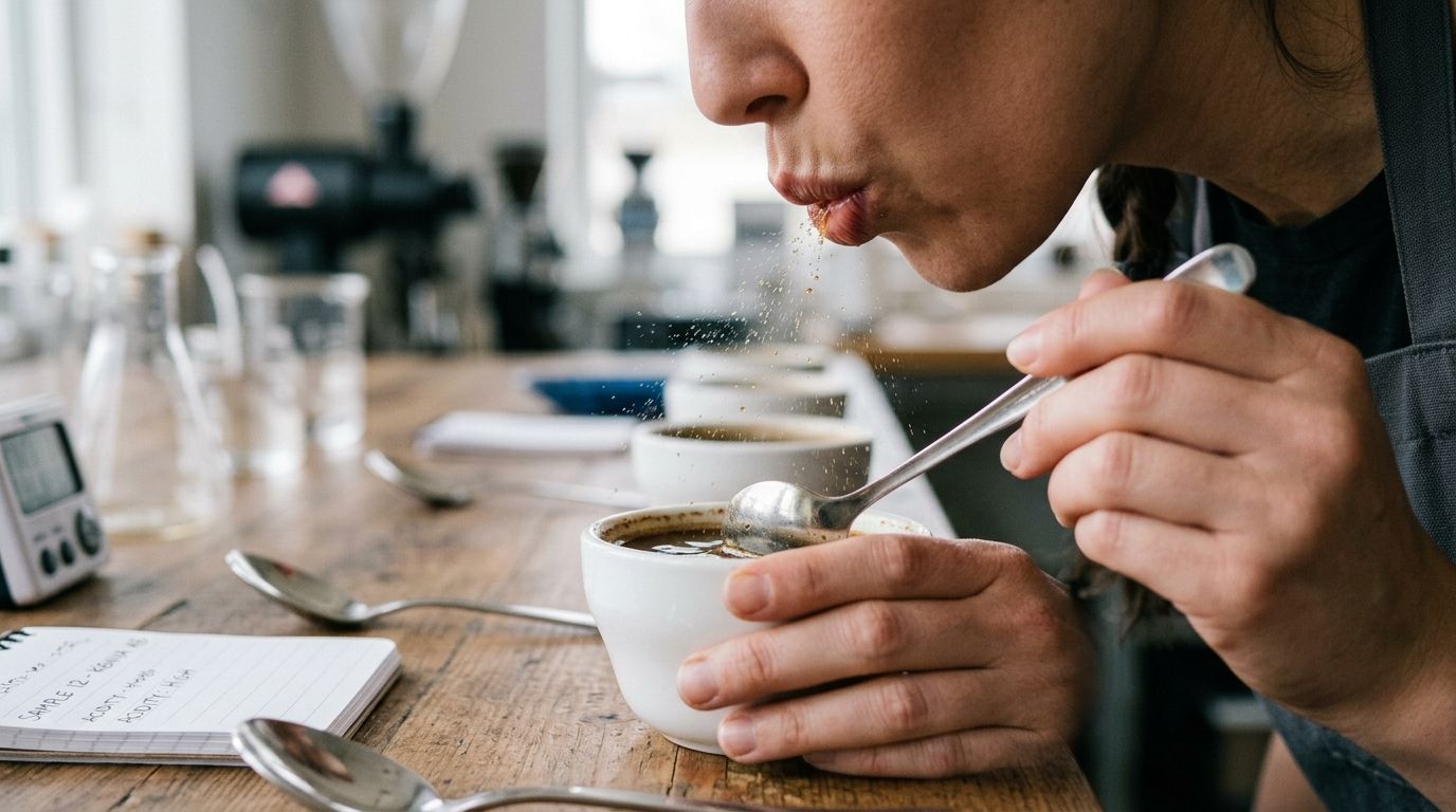 A silver cupping spoon resting on a ceramic bowl