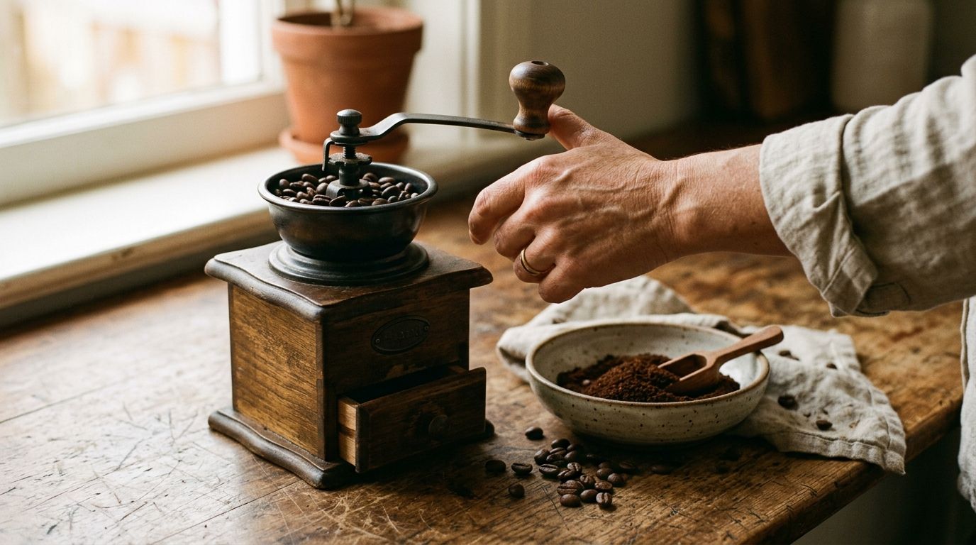 A premium manual coffee grinder on a wooden table