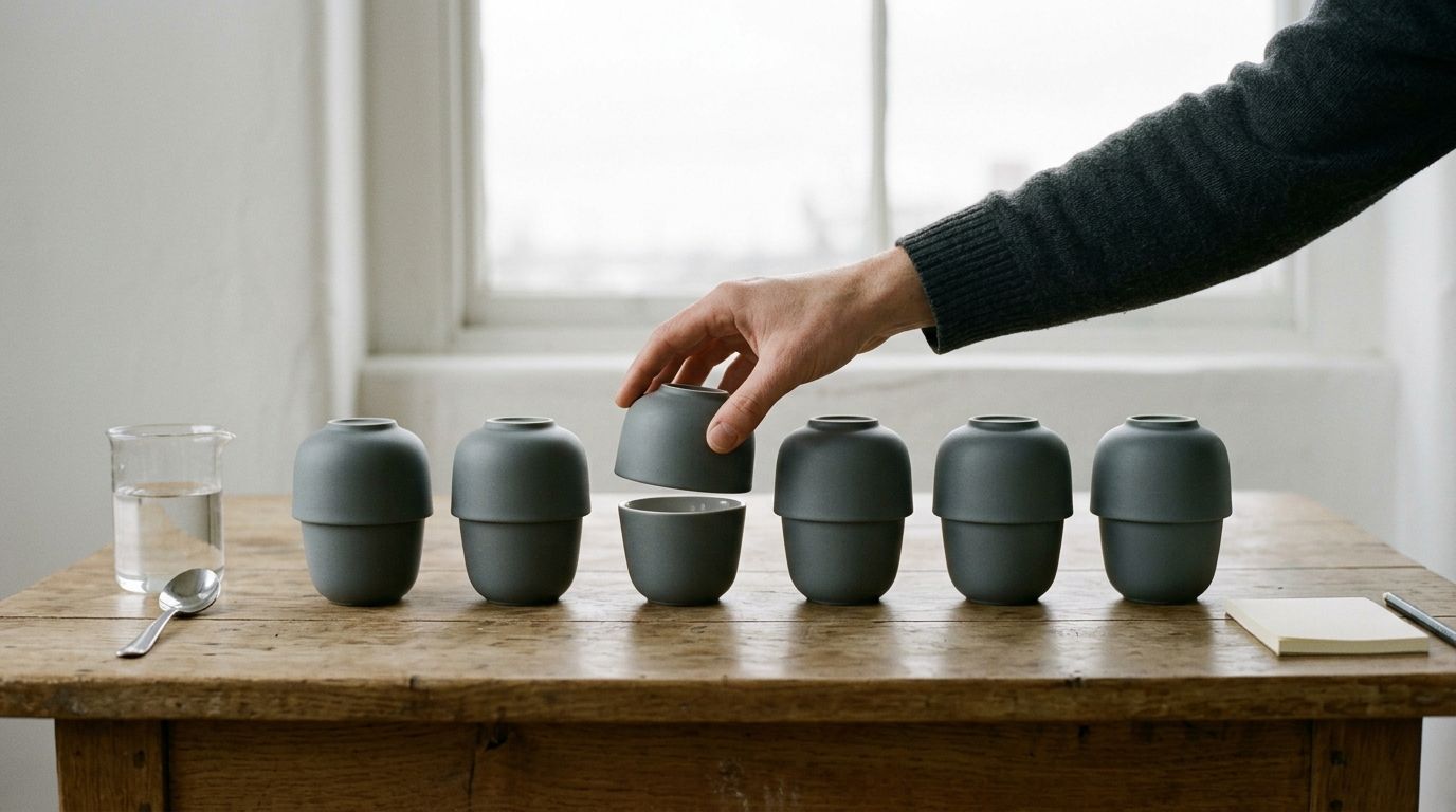 Identical black cups used for blind coffee cupping