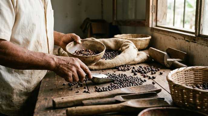 دستهایی در حال جداسازی دانههای قهوه
