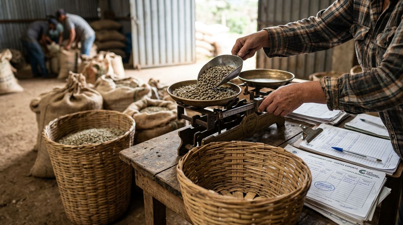 hands weighing green coffee beans 202608161239