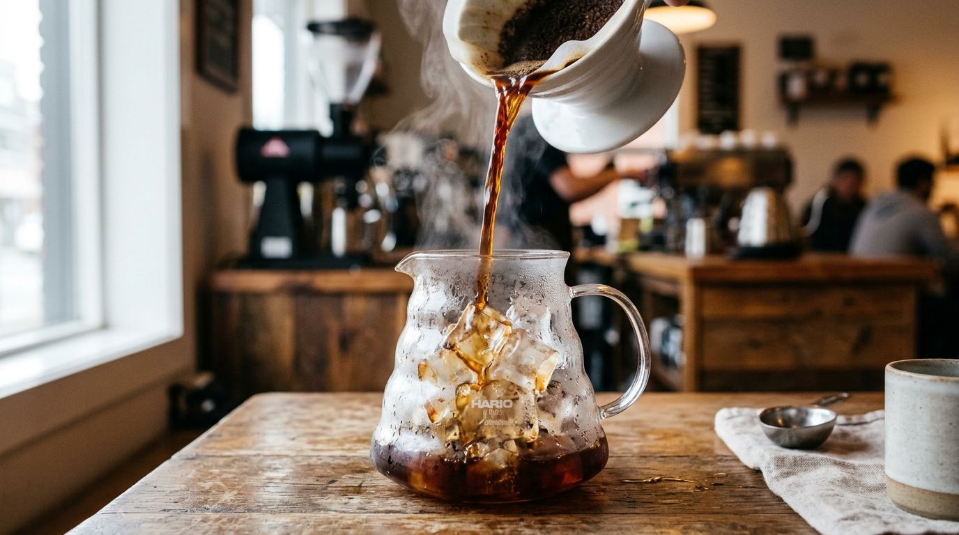 hot coffee pouring over ice 202608161239