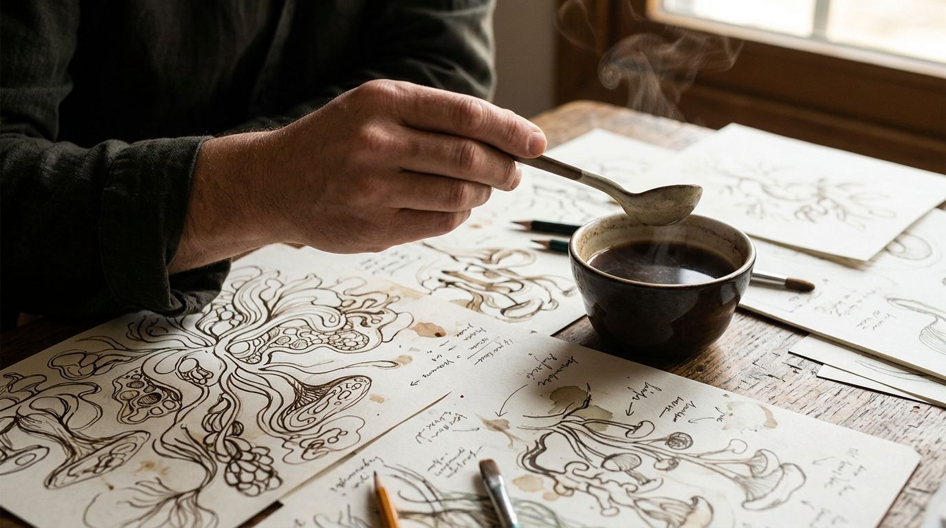 person tasting coffee with sketches 202608161239