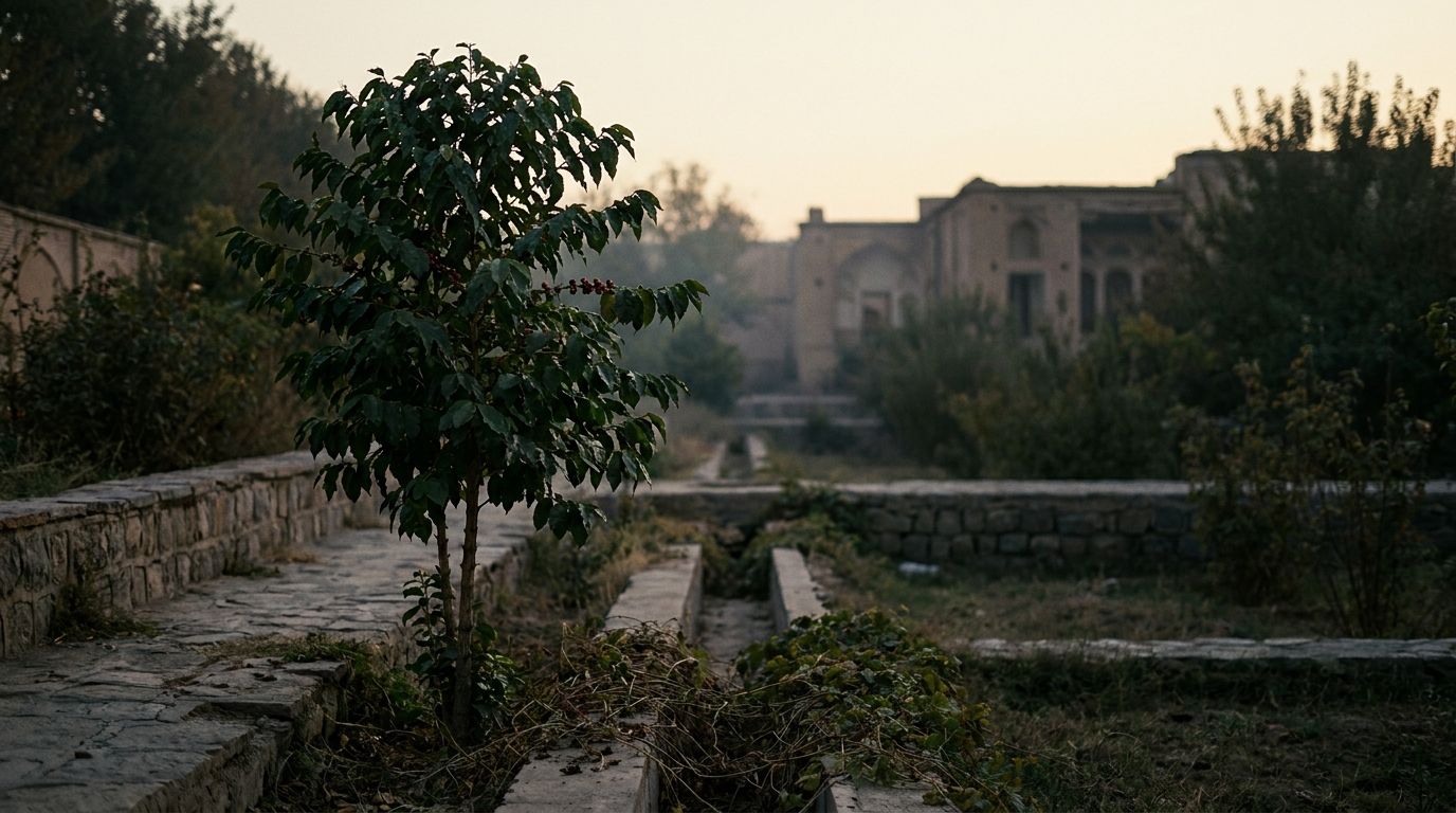 A crumbling mud-brick wall overgrown with dry vines