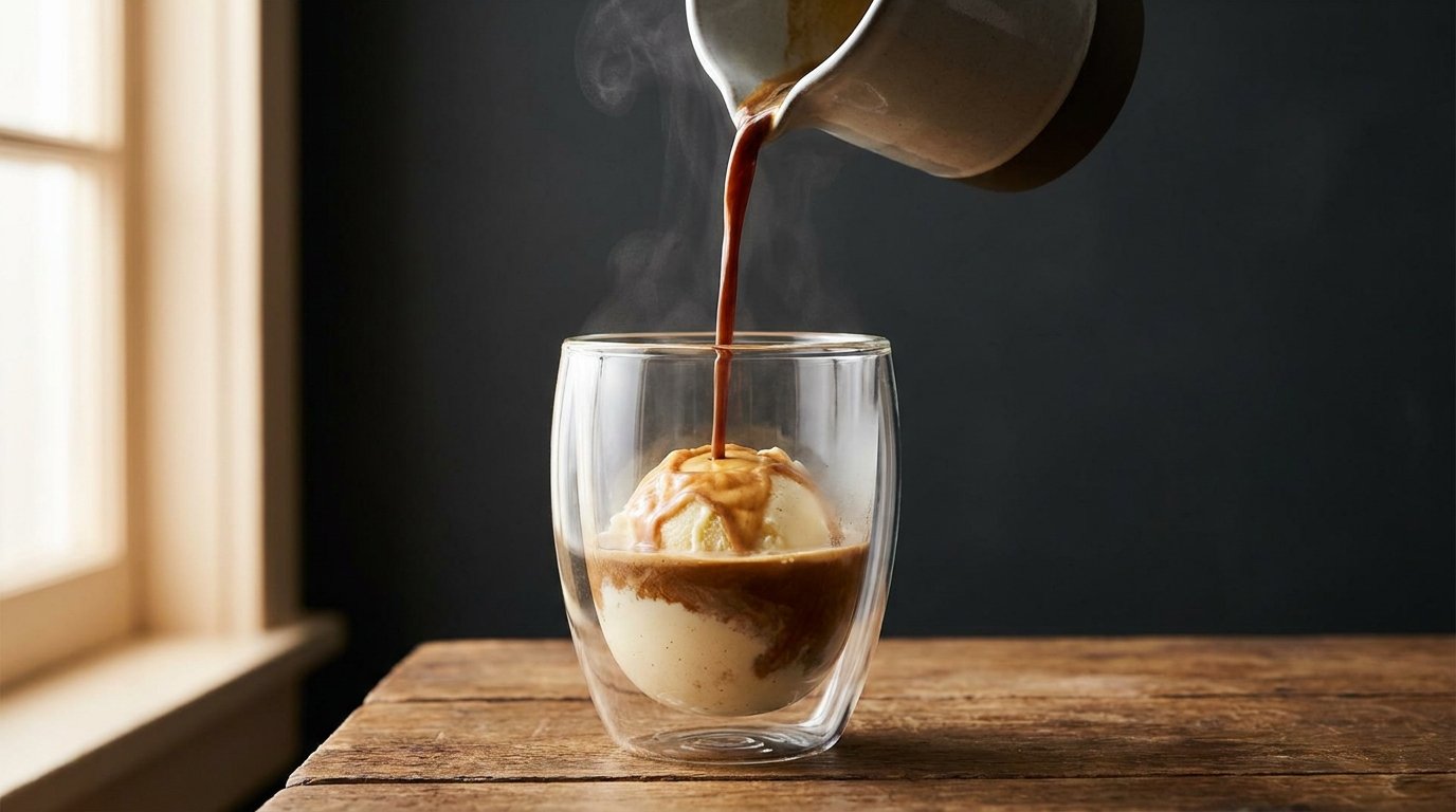 Hot espresso poured over a scoop of vanilla gelato