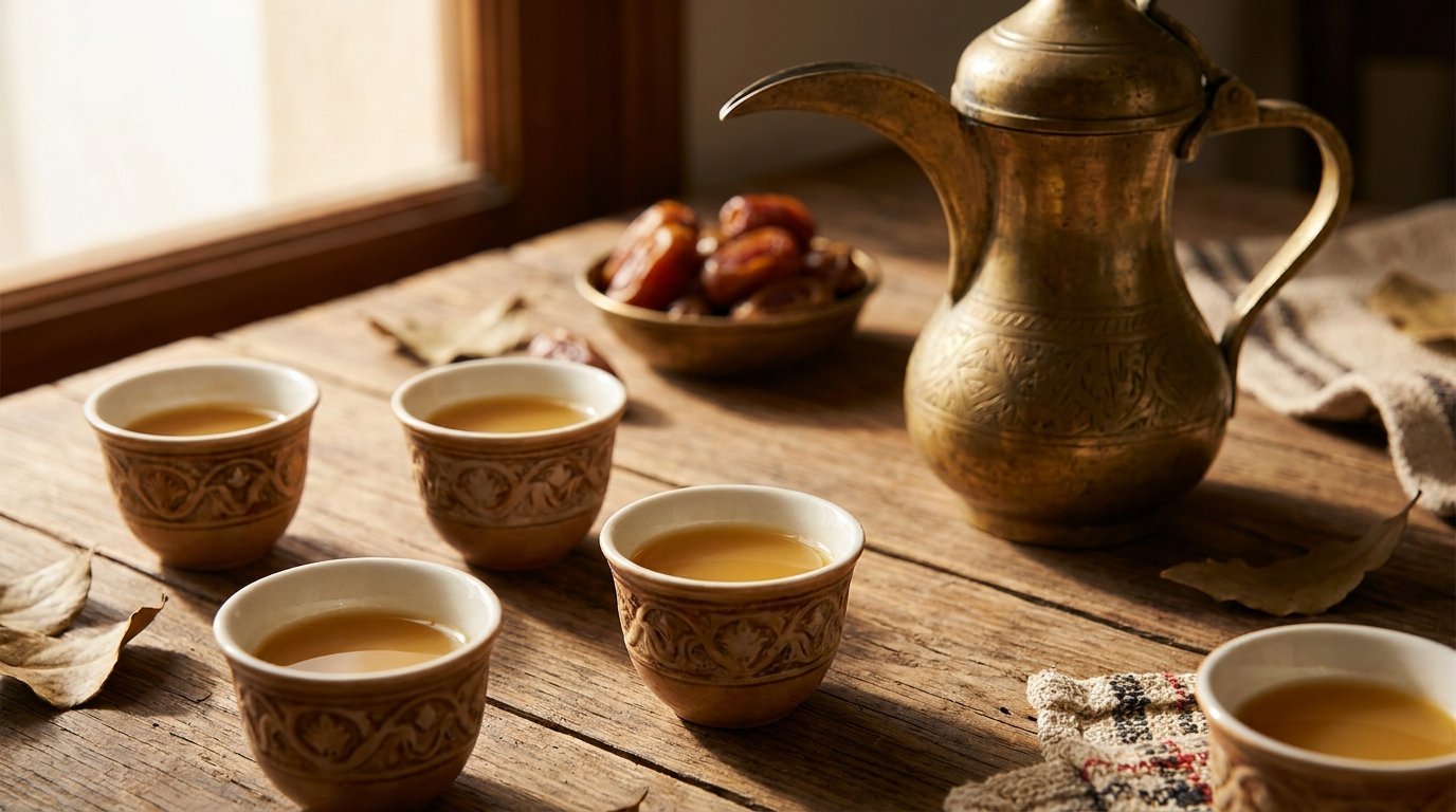 Traditional golden Dallah pouring Arabic coffee into a small finjan cup