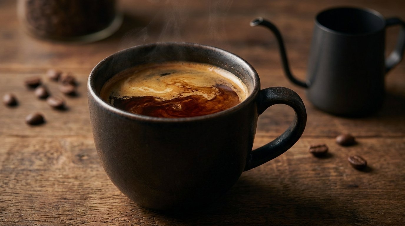 A large mug of dark brewed coffee with the crema of an espresso shot floating on top