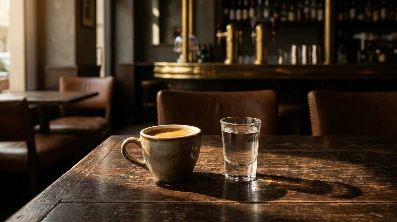 An espresso shot served alongside a small measure of clear liquor