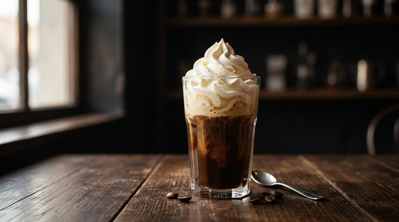 A glass of dark coffee topped with a large peak of whipped cream