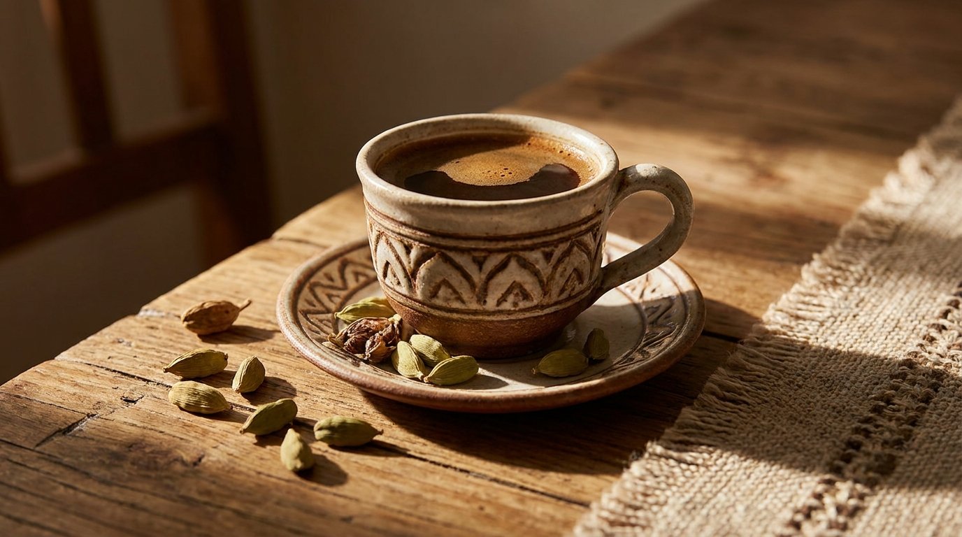 Small pot of dark coffee with cardamom pods resting beside it