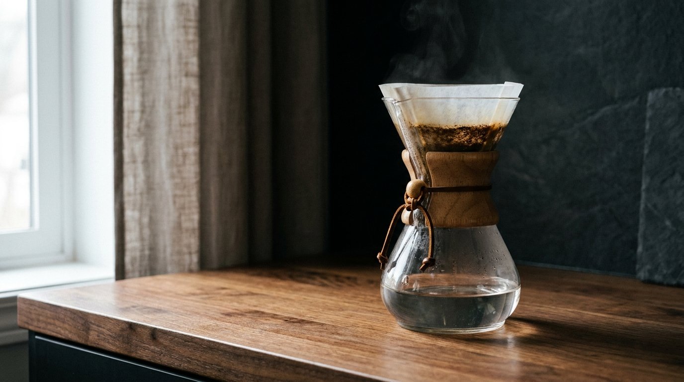 An hourglass-shaped Chemex brewer sitting on a wooden table