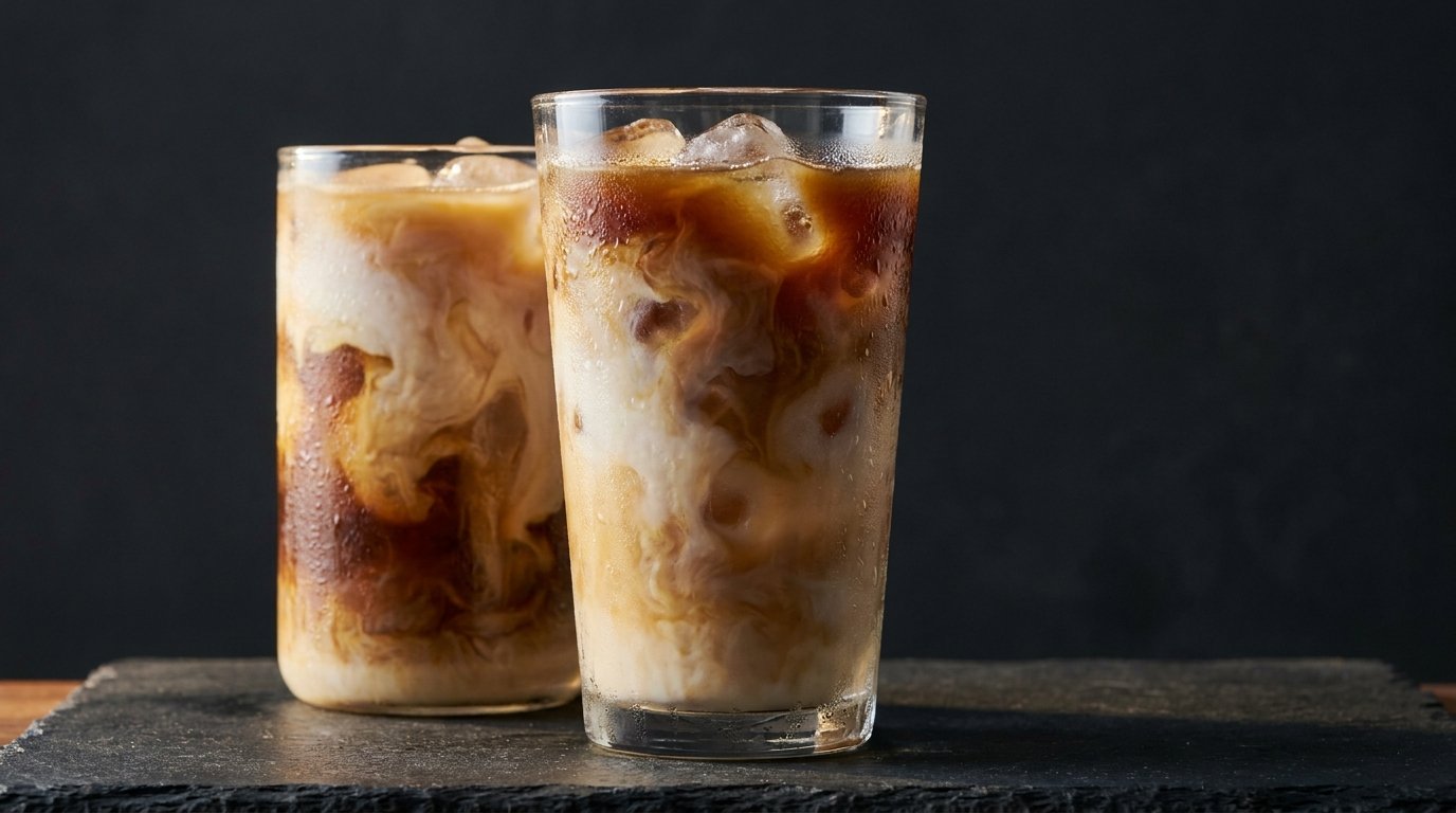 Cold coffee swirling into bright white coconut milk over ice