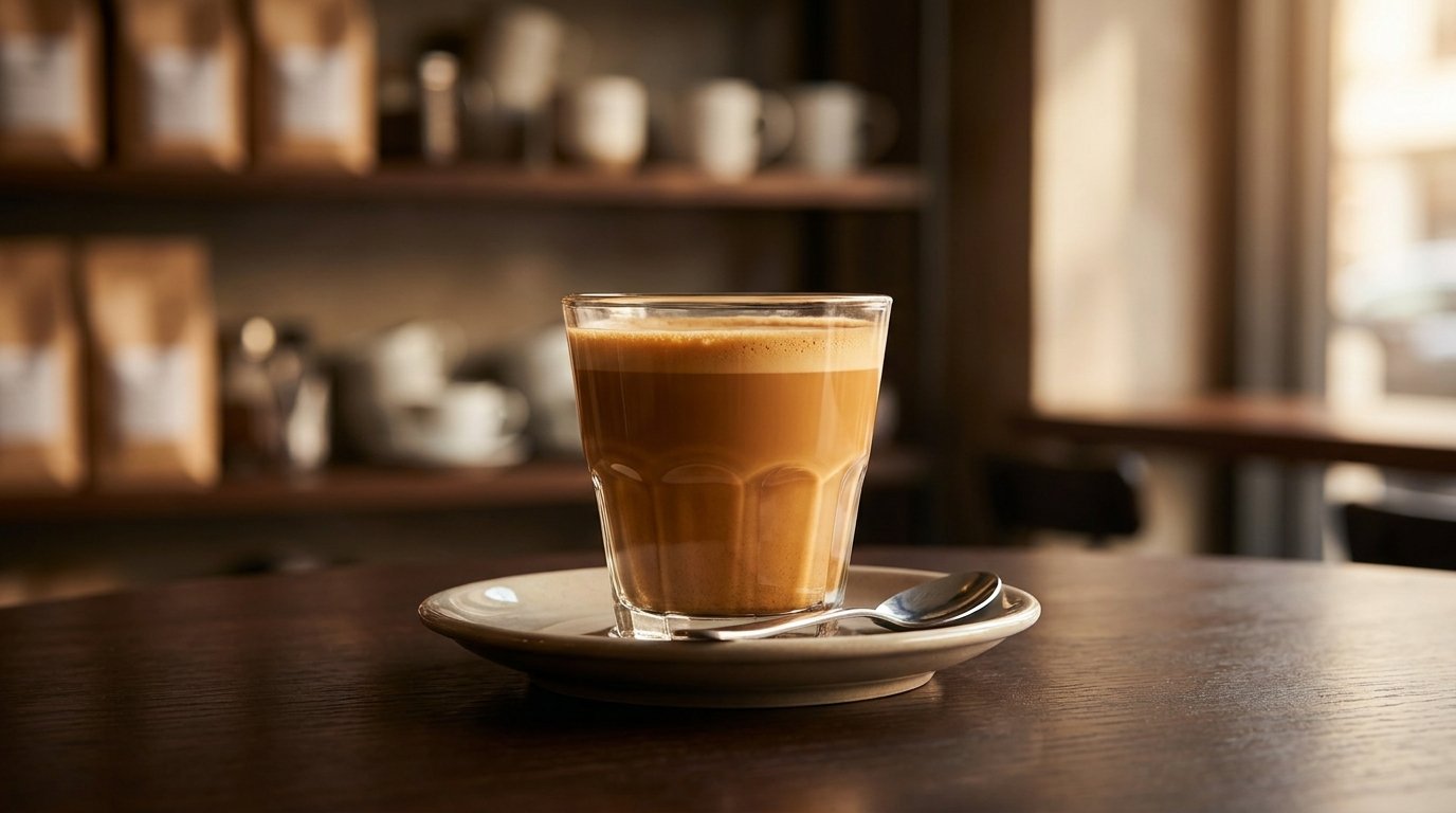 A Cortado served in a small traditional glass tumbler