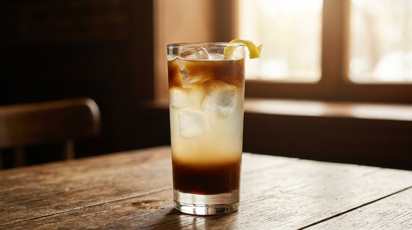 Layers of cloudy lemonade and dark espresso in a tall glass