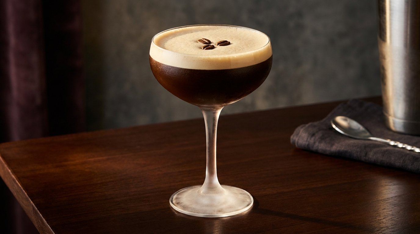 A chilled martini glass holding a dark Espresso Martini topped with a foam collar and three coffee beans
