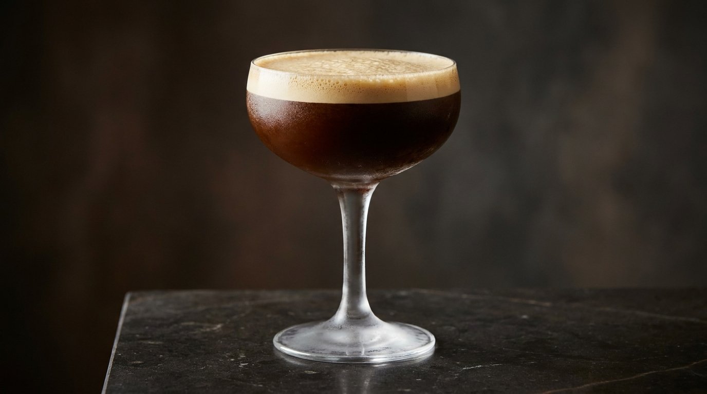 A frothy Espresso Shaker served in a chilled coupe glass