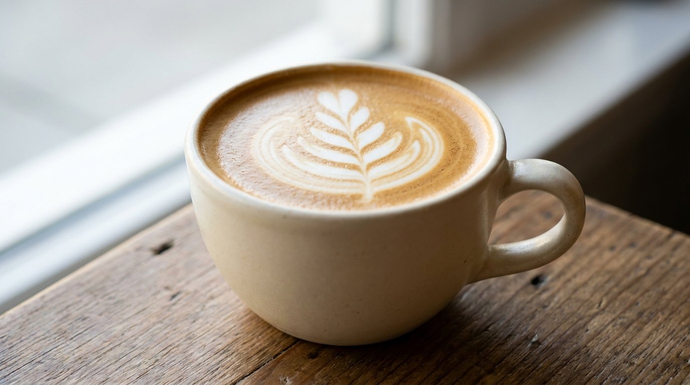 A ceramic cup filled with a Flat White displaying precise latte art