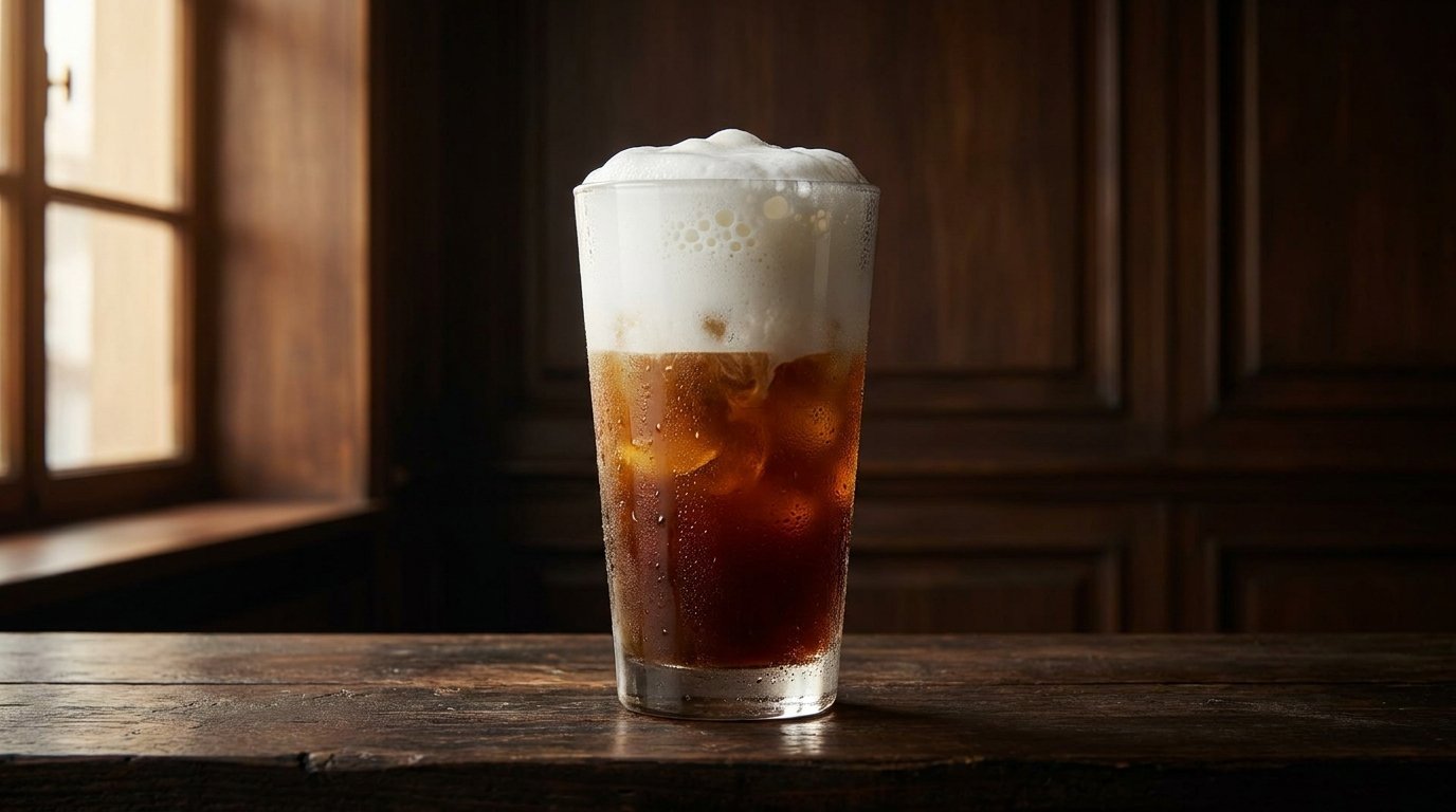 Layers of iced espresso below a thick cap of cold foamed milk