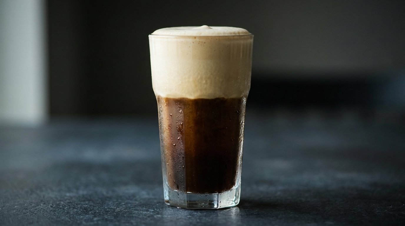 Tall glass of Freddo Espresso showing a thick, pale foam over dark coffee and ice