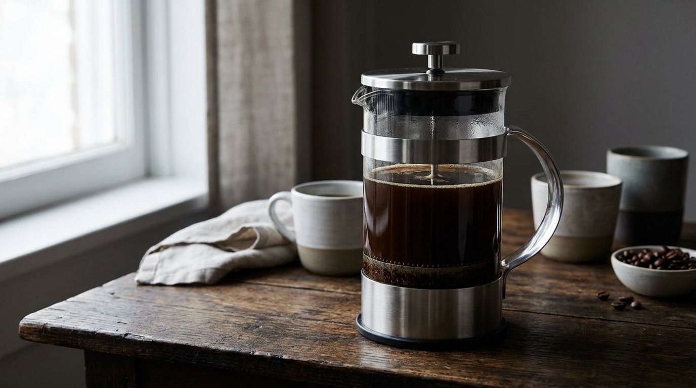 A glass French Press filled with dark coffee and plunged