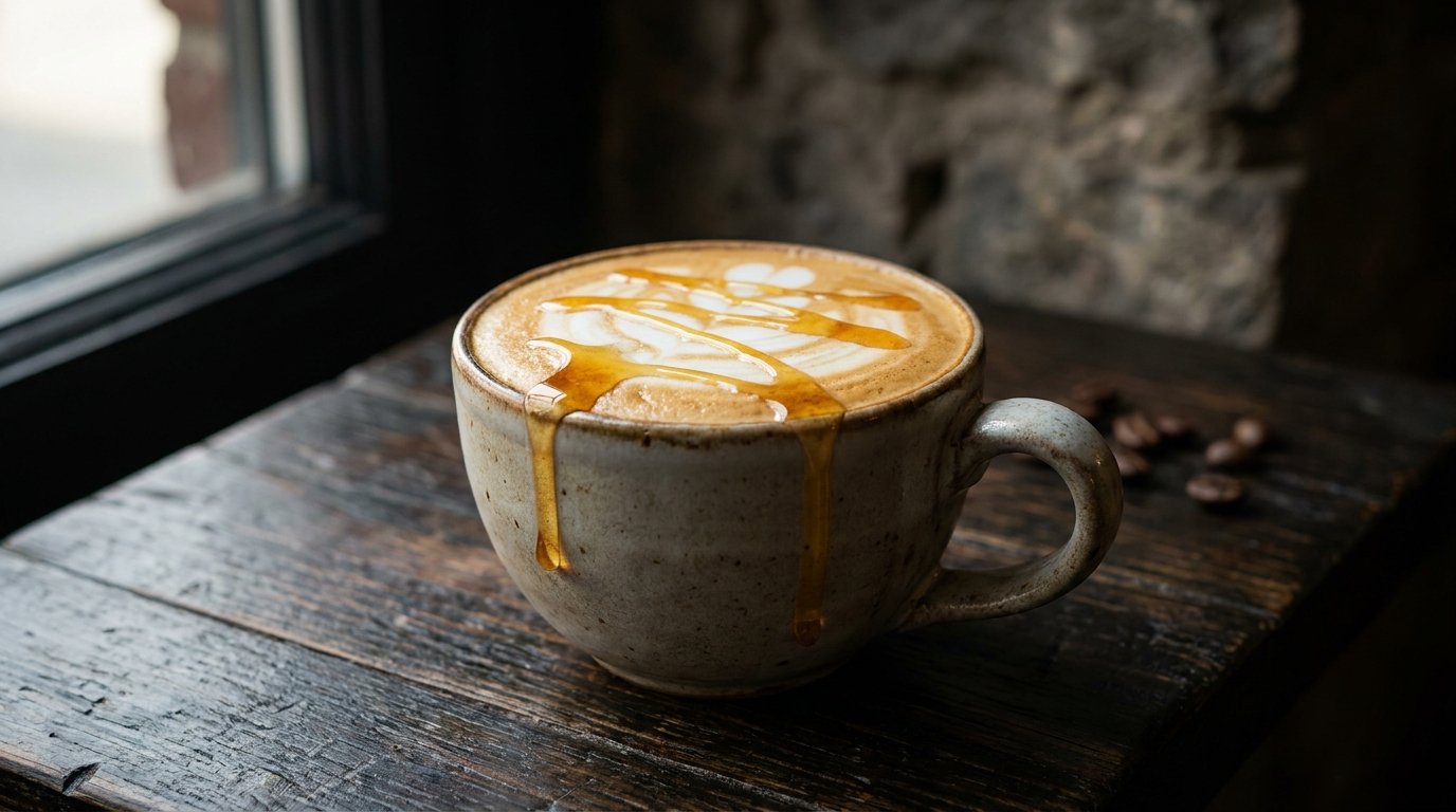 Latte art poured over a honey and espresso base
