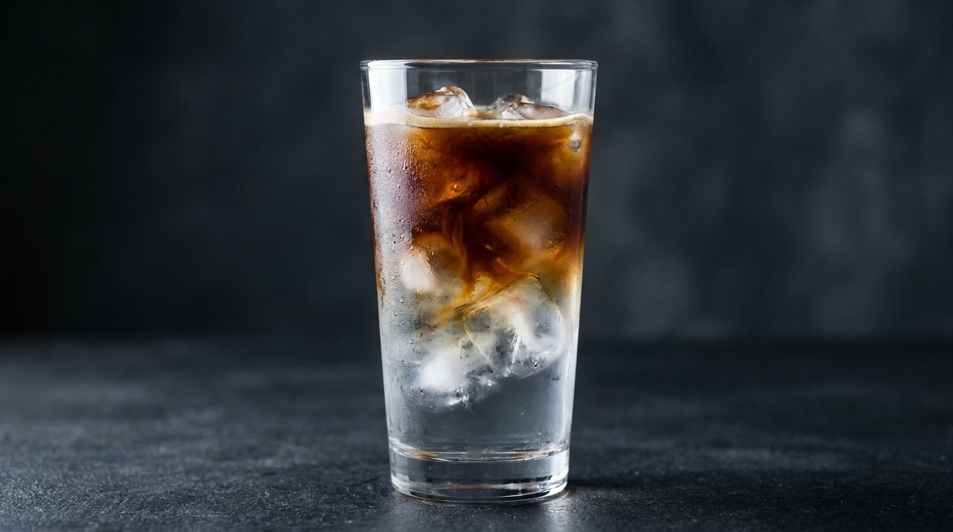 Clear glass of iced americano with condensation on the outside
