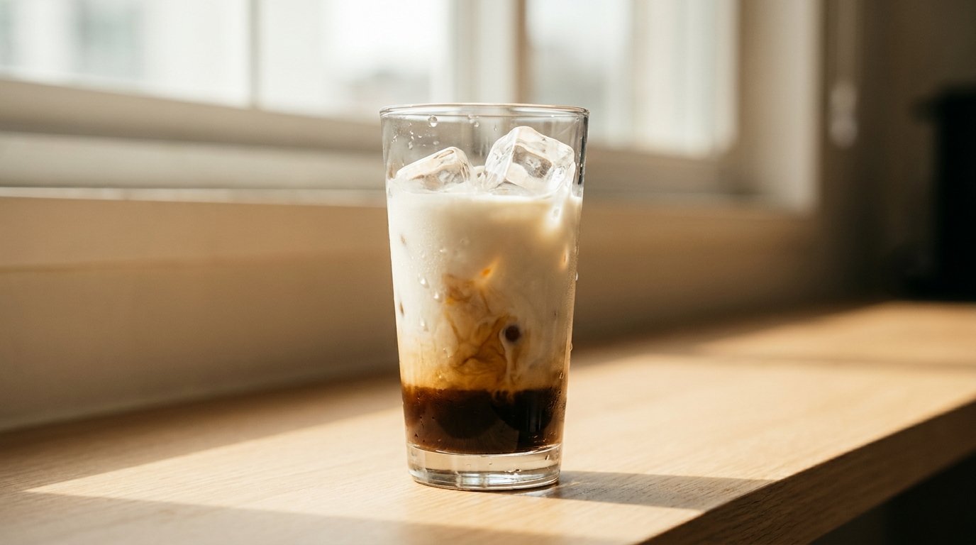 Milk swirling into cold espresso over ice