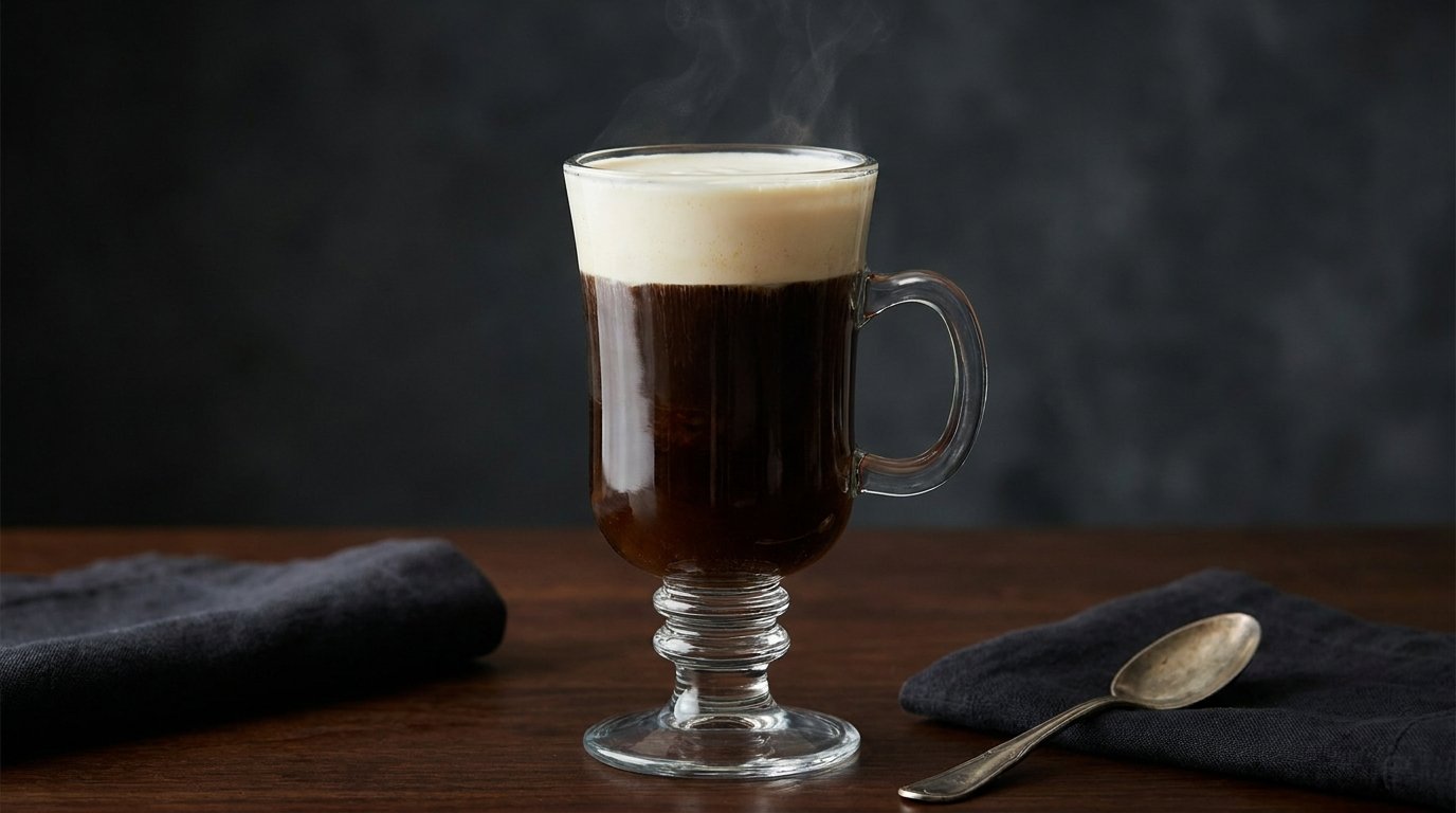 A stemmed glass of Irish coffee with a distinct layer of white cream resting on black coffee