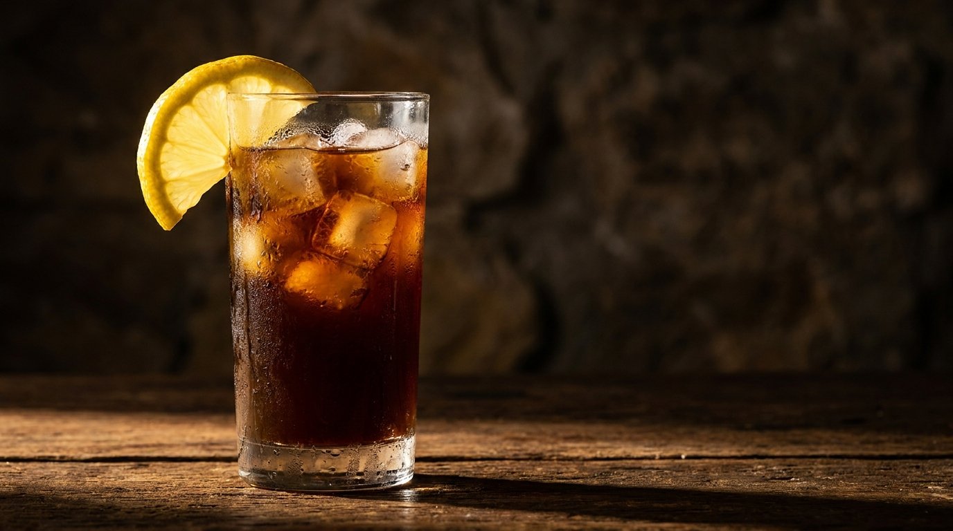 A tall glass of iced coffee garnished with a fresh lemon wheel