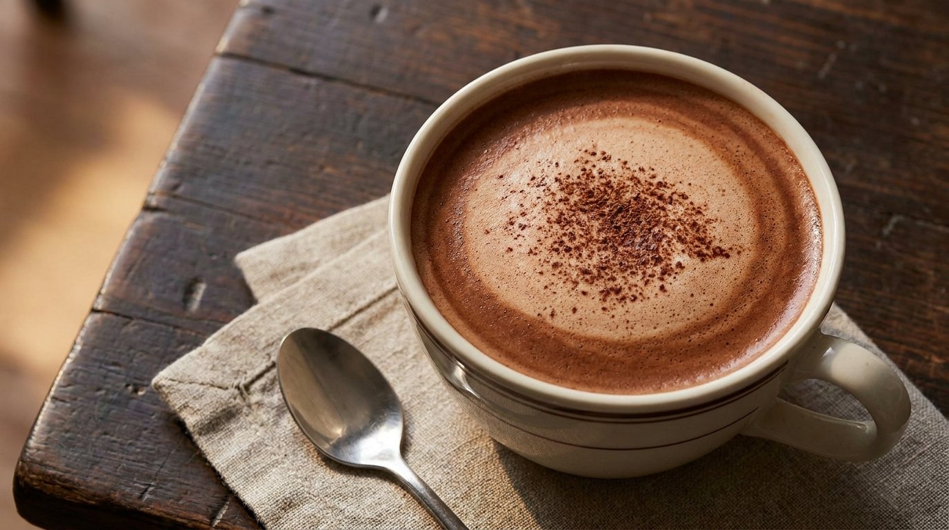 A rich, dark mocha coffee topped with precise latte art
