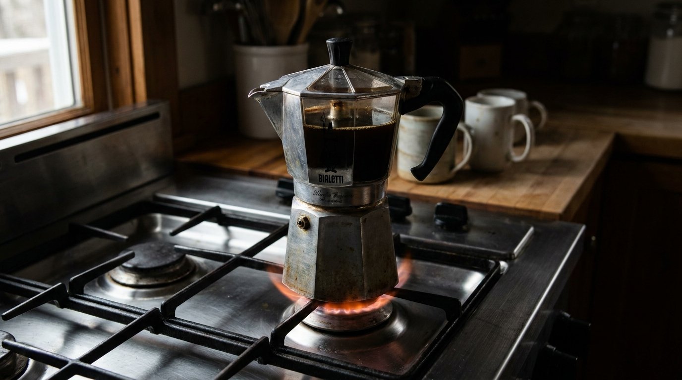 An aluminum Moka Pot resting on a stove grate