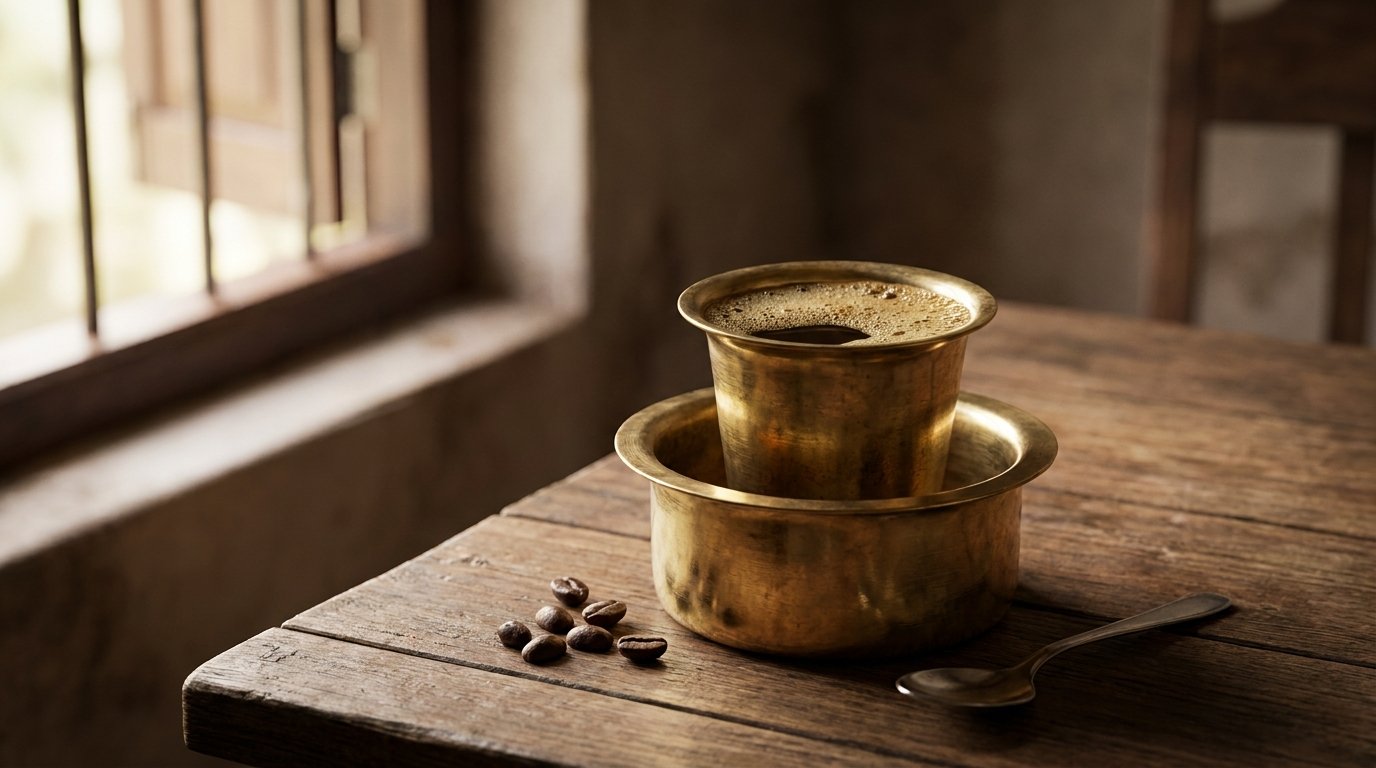 South Indian Filter Coffee served in a traditional metal dabarah and tumbler