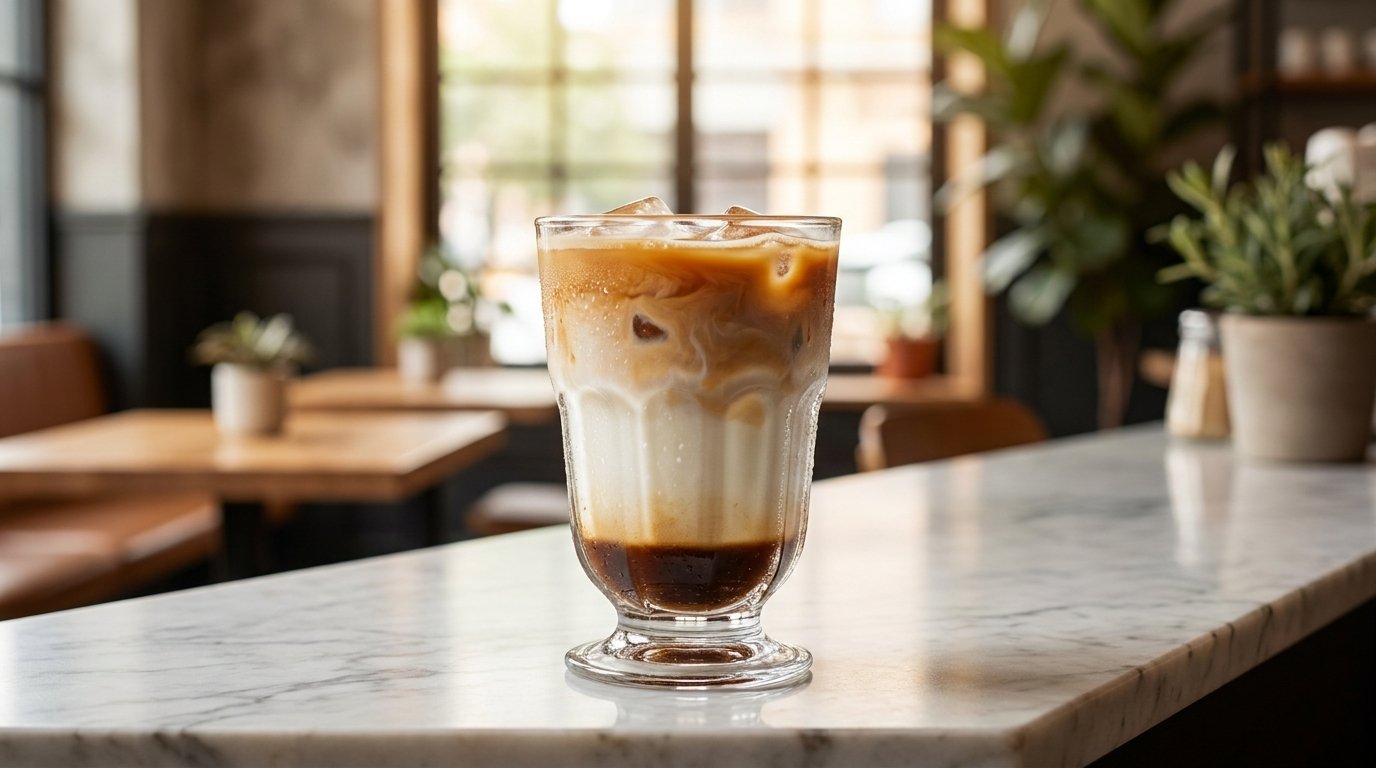 A warm Spanish Latte served in a glass mug revealing its creamy texture
