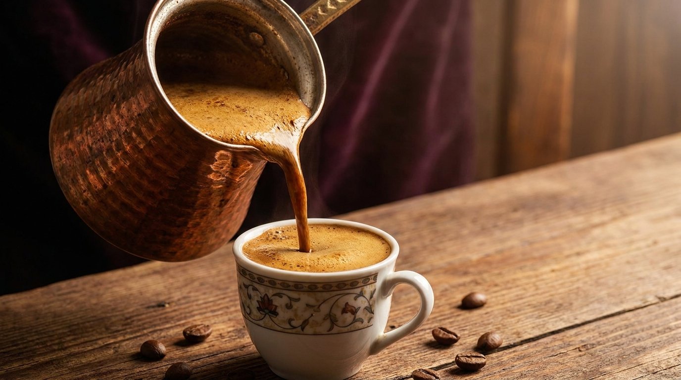 Traditional copper cezve pouring thick, dark coffee into a small porcelain cup