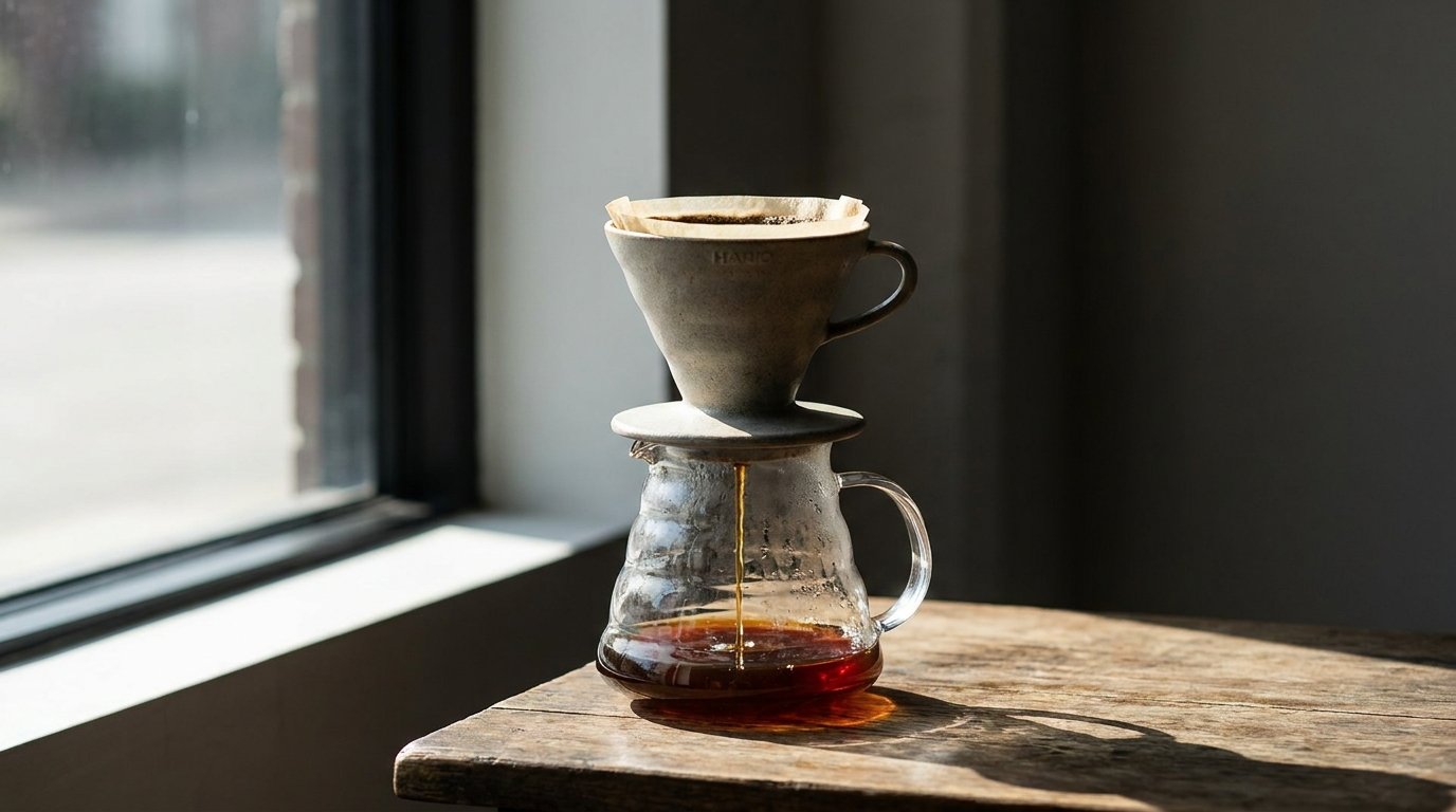 Hot water being poured from a gooseneck kettle into a V60 dripper